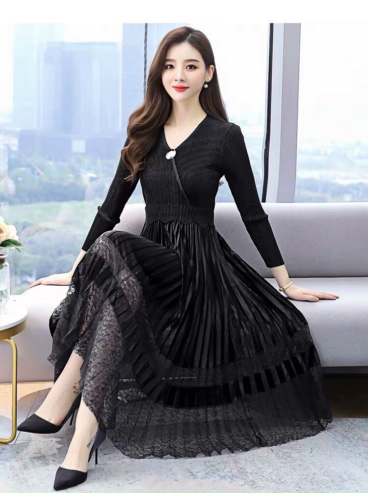Đầm Dập Ly Chân Nhung Phối Ren - HN919